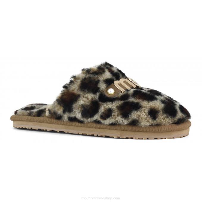 crno/leopard Mou žene krznena papuča sa zatvorenim prstima s otisnutim logotipom od ovčje kože Z46H498