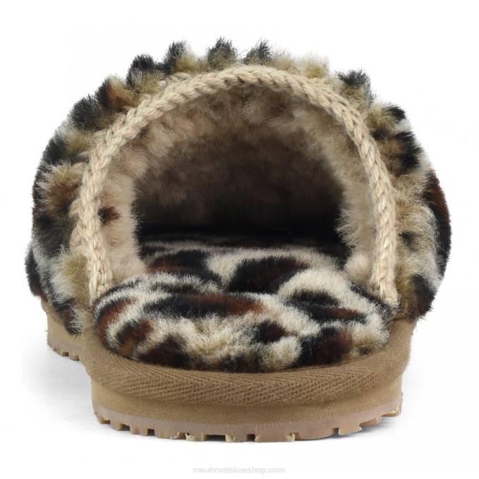 crno/leopard Mou žene krznena papuča sa zatvorenim prstima s otisnutim logotipom od ovčje kože Z46H498